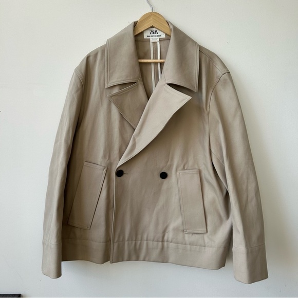ZARA MAN EDITION SS'24 SHORT BEIGE COTTON TRENCH COAT SIZE L - Picture 4 of 9